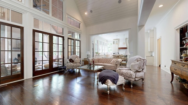 7718 River Crest Dr, Columbus, GA 31904 - living room with french doors, high vaulted ceiling, and wood finished floors