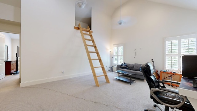 7718 River Crest Dr, Columbus, GA 31904 - office featuring carpet floors, high vaulted ceiling, and baseboards