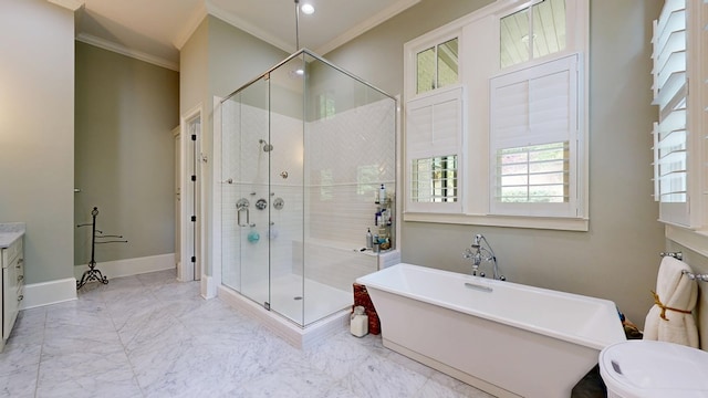 7718 River Crest Dr, Columbus, GA 31904 - full bathroom with a shower stall, a soaking tub, crown molding, vanity, and marble finish flooring
