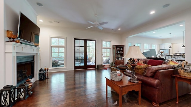 7718 River Crest Dr, Columbus, GA 31904 - living area with a fireplace, ceiling fan, ornamental molding, dark wood finished floors, and recessed lighting