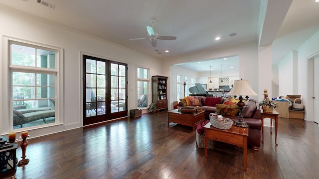 7718 River Crest Dr, Columbus, GA 31904 - living room featuring a ceiling fan, dark wood-style floors, ornamental molding, recessed lighting, and baseboards