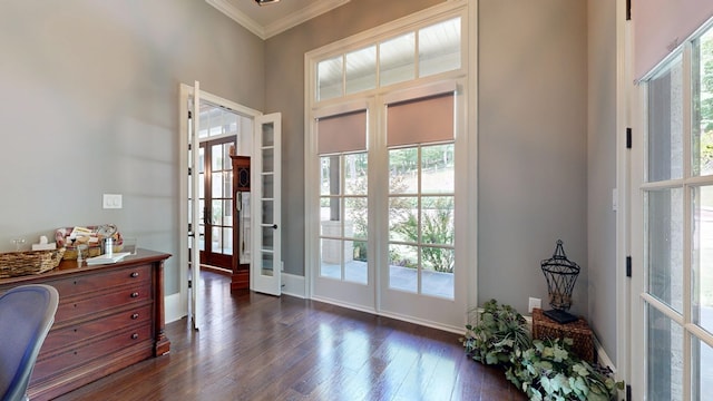 7718 River Crest Dr, Columbus, GA 31904 - doorway to outside with french doors, crown molding, healthy amount of natural light, dark wood-type flooring, and baseboards
