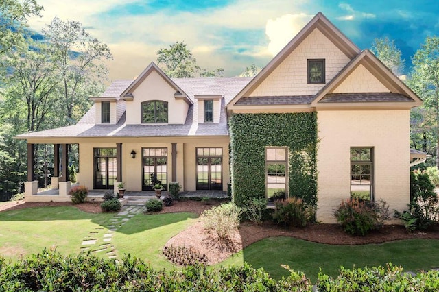 7718 River Crest Dr, Columbus, GA 31904 - view of front facade with a front yard, french doors, a porch, a shingled roof, and stucco siding