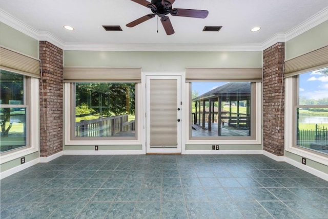 175 Slaughter Dr, Waverly Hall, GA 31831 - tiled spare room with ceiling fan, crown molding, brick wall, and recessed lighting