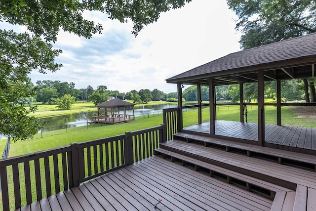 175 Slaughter Dr, Waverly Hall, GA 31831 - deck featuring a gazebo, a water view, a lawn, and view of scattered trees