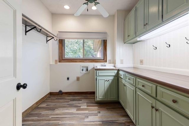 175 Slaughter Dr, Waverly Hall, GA 31831 - washroom featuring cabinet space, hookup for an electric dryer, hookup for a washing machine, dark wood finished floors, and a ceiling fan