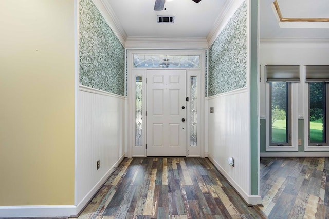175 Slaughter Dr, Waverly Hall, GA 31831 - foyer entrance featuring wainscoting, wood finished floors, ornamental molding, wallpapered walls, and ceiling fan