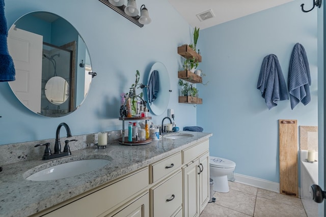 bathroom with double vanity, tile patterned floors, toilet, and a sink