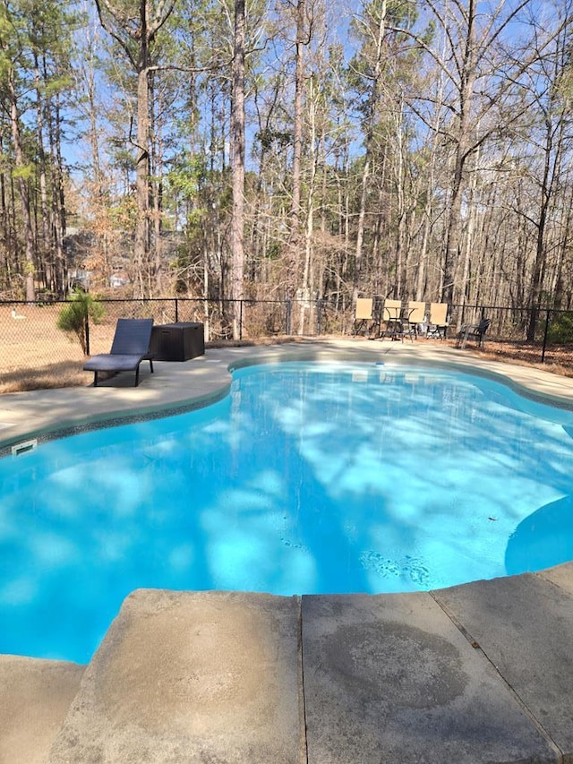 view of swimming pool with fence, a fenced in pool, and a patio