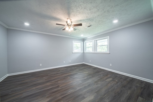 spare room featuring a textured ceiling, dark hardwood / wood-style floors, ceiling fan, and crown molding