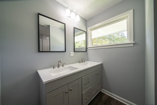 bathroom with vanity, wood-type flooring, and a textured ceiling