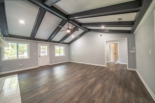 unfurnished room with vaulted ceiling with beams, ceiling fan, and dark hardwood / wood-style floors