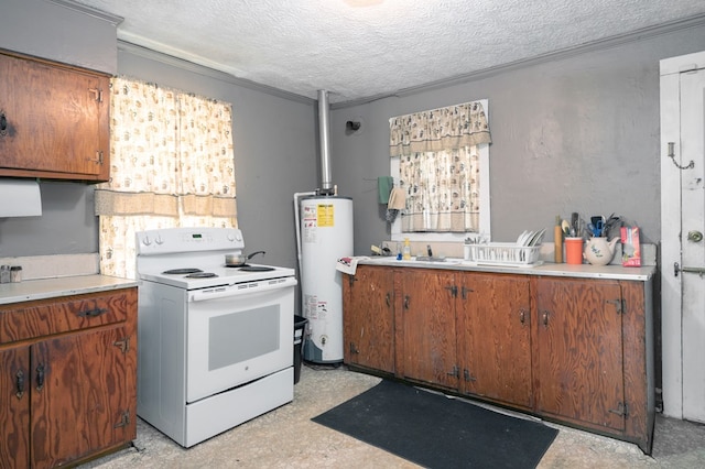 kitchen featuring brown cabinetry, gas water heater, a textured ceiling, light countertops, and white range with electric stovetop