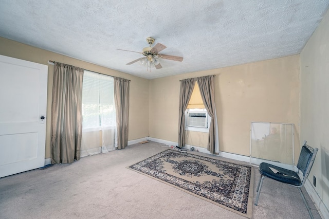 exercise room featuring carpet floors, plenty of natural light, a textured ceiling, and ceiling fan