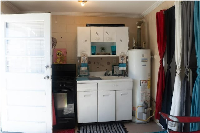 kitchen featuring water heater, white cabinetry, black range oven, and crown molding