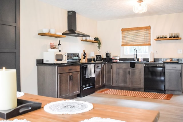 122 Malida Creek Ter, Pine Mountain, GA 31822 - kitchen with open shelves, black appliances, wall chimney range hood, a sink, and light wood finished floors