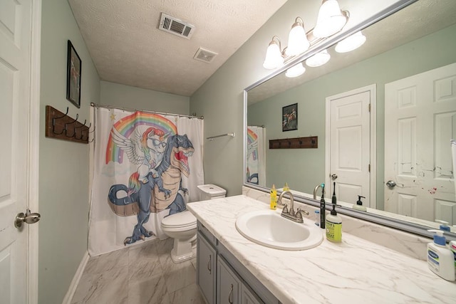 bathroom with walk in shower, vanity, a textured ceiling, and toilet