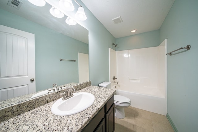 full bath featuring toilet, shower / bath combination, tile patterned flooring, and visible vents