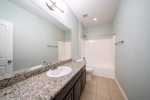 bathroom with visible vents, bathing tub / shower combination, toilet, tile patterned floors, and vanity