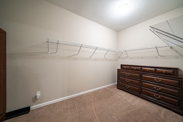 spacious closet featuring light carpet and vaulted ceiling