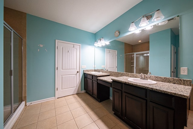 bathroom featuring double vanity, visible vents, a sink, a shower stall, and tile patterned floors