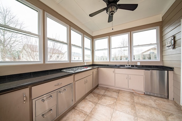 kitchen with dark stone counters, stainless steel dishwasher, plenty of natural light, and a sink