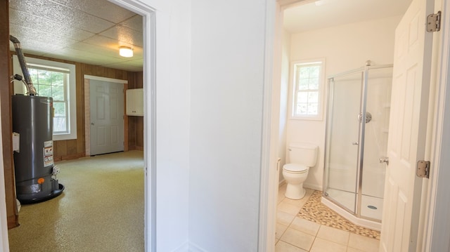 400 Lawrence St, Hogansville, GA 30230 - full bathroom with gas water heater, a shower stall, and wood walls