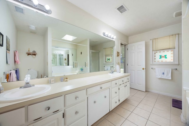 bathroom with visible vents, a sink, a stall shower, and tile patterned floors