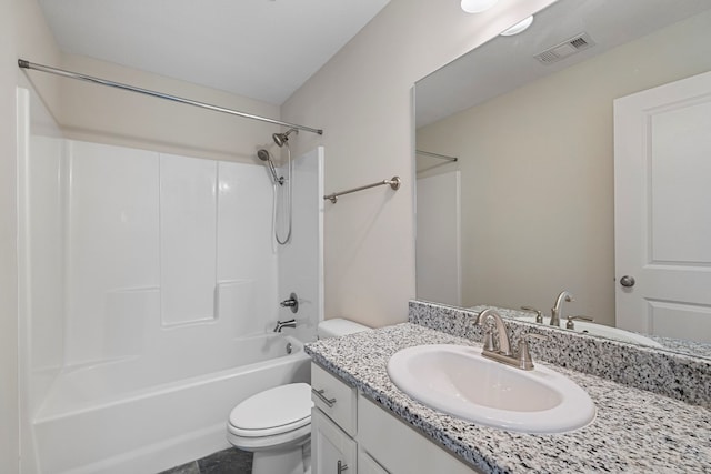 bathroom with shower / bath combination, visible vents, toilet, and vanity