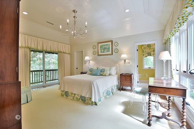 6528 Standing Boy Dr, Columbus, GA 31904 - carpeted bedroom with visible vents, wooden ceiling, an inviting chandelier, recessed lighting, and access to outside
