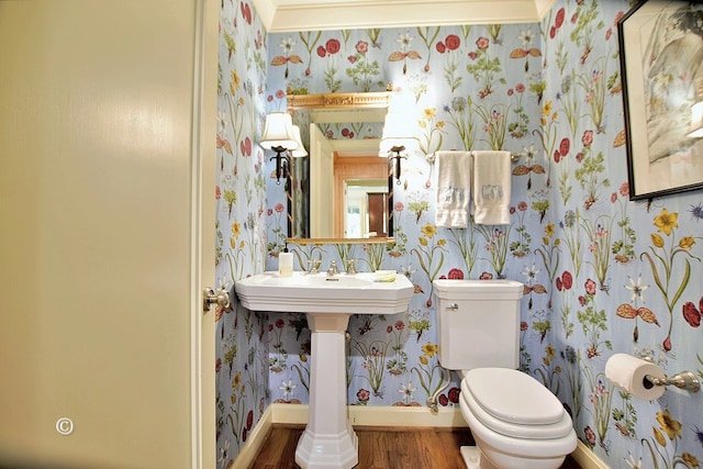 6528 Standing Boy Dr, Columbus, GA 31904 - half bathroom featuring baseboards, wallpapered walls, wood finished floors, and toilet