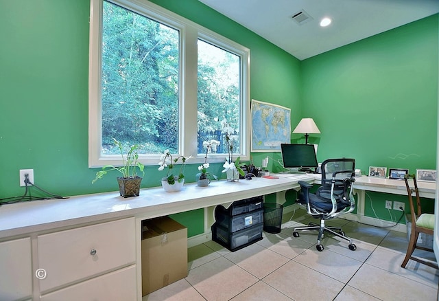 6528 Standing Boy Dr, Columbus, GA 31904 - office area with baseboards, visible vents, light tile patterned floors, and built in study area