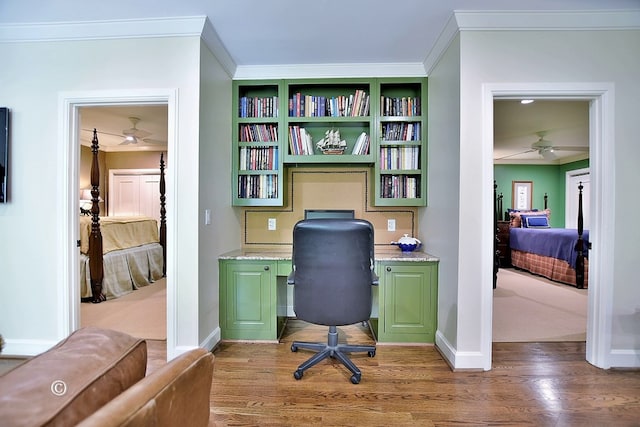 6528 Standing Boy Dr, Columbus, GA 31904 - home office with ornamental molding, a ceiling fan, and wood finished floors