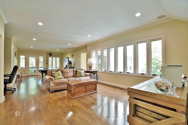 6528 Standing Boy Dr, Columbus, GA 31904 - living area with crown molding, baseboards, light wood-type flooring, recessed lighting, and french doors
