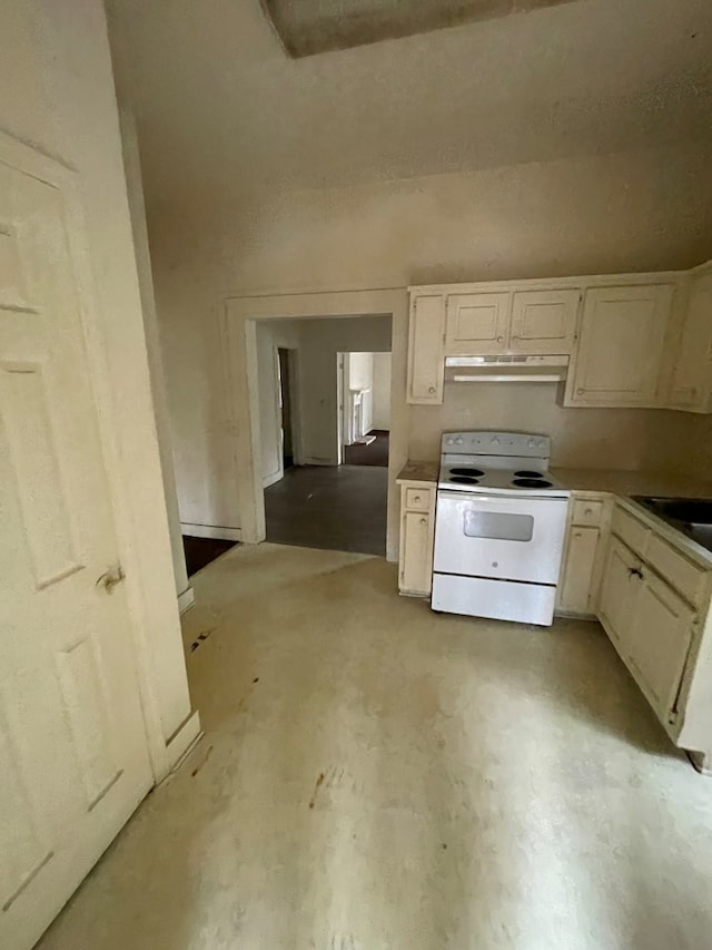 kitchen with white cabinetry, white range with electric stovetop, and sink