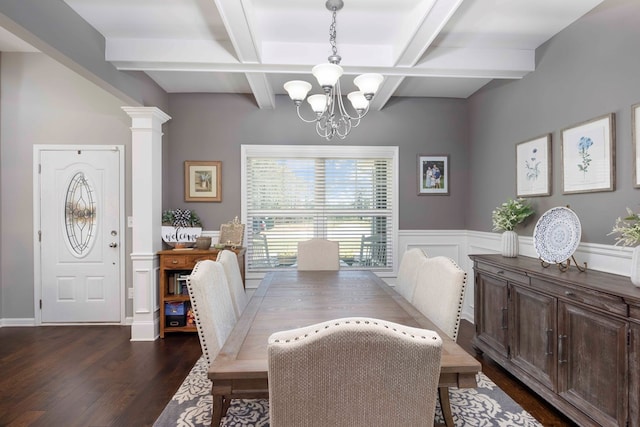 dining area featuring a chandelier, dark wood-type flooring, coffered ceiling, beam ceiling, and wainscoting