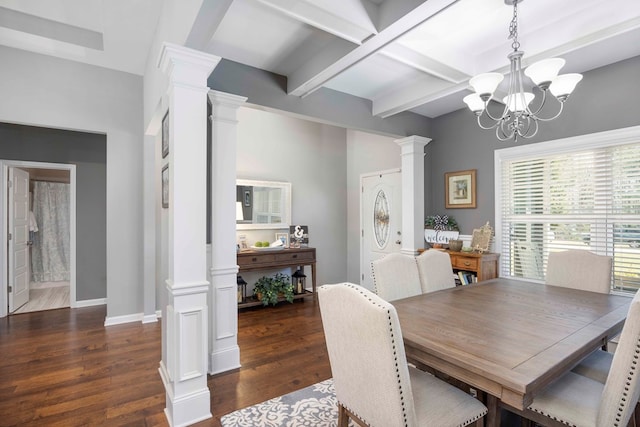 dining space featuring ornate columns, a chandelier, wood finished floors, beamed ceiling, and baseboards