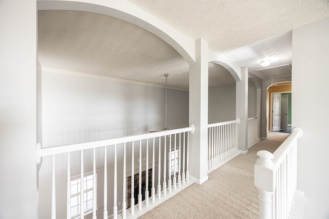 corridor with baseboards, carpet flooring, a textured ceiling, and attic access