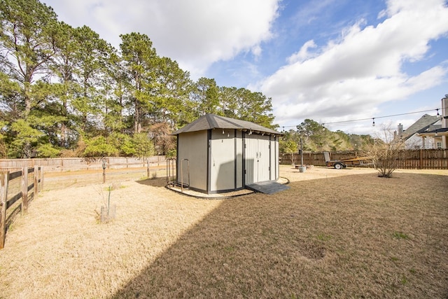 view of shed with a fenced backyard