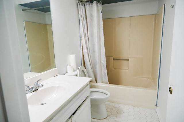 full bathroom with tile patterned flooring, vanity, shower / bathtub combination with curtain, and toilet