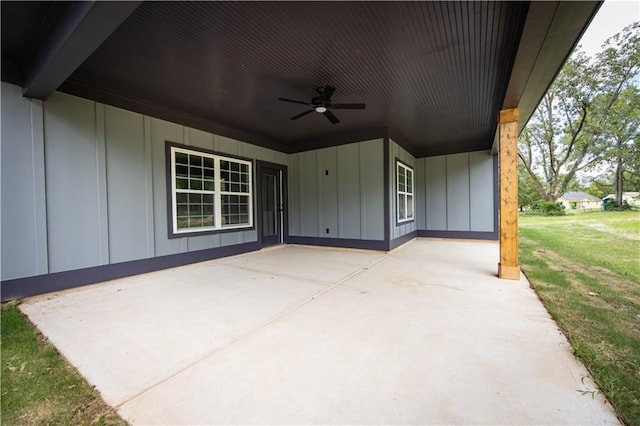 view of patio featuring ceiling fan