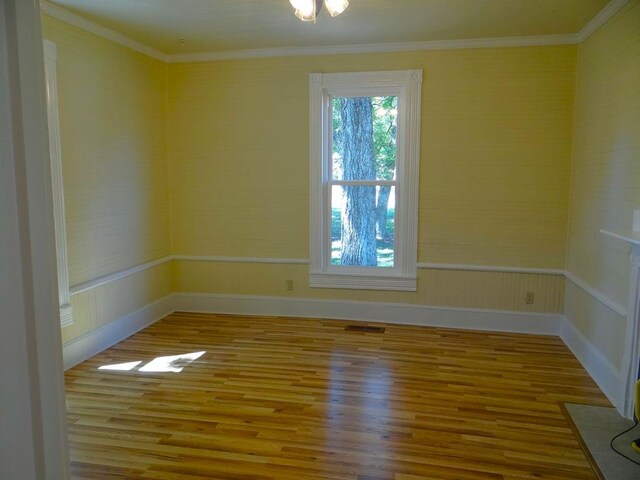 spare room featuring wood-type flooring and ornamental molding