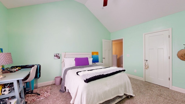 carpeted bedroom featuring ceiling fan, baseboards, and high vaulted ceiling
