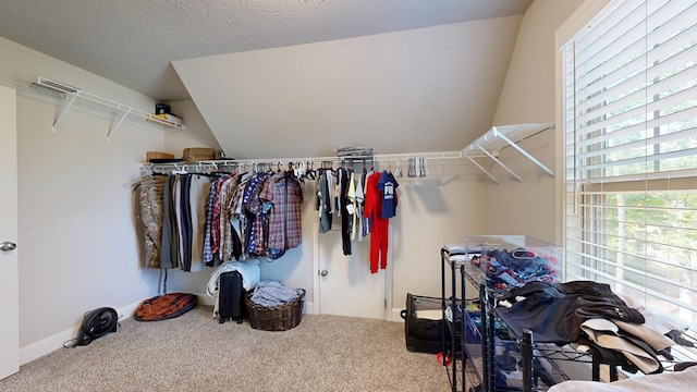 walk in closet featuring carpet flooring and vaulted ceiling