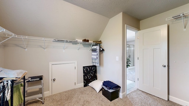 spacious closet featuring lofted ceiling and carpet floors