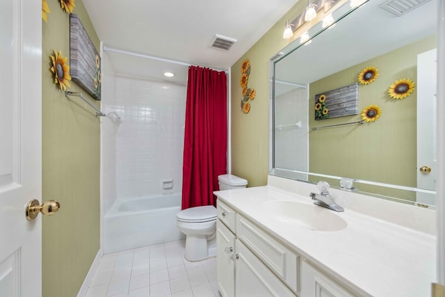 full bathroom featuring shower / tub combo with curtain, vanity, tile patterned flooring, and toilet