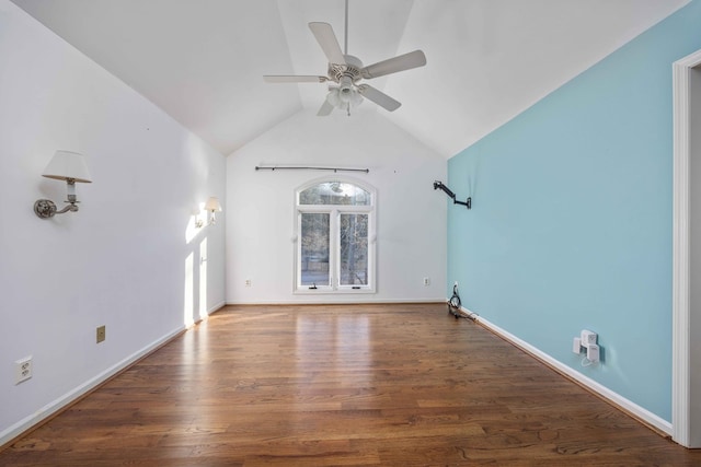 unfurnished living room featuring ceiling fan, lofted ceiling, and dark hardwood / wood-style flooring