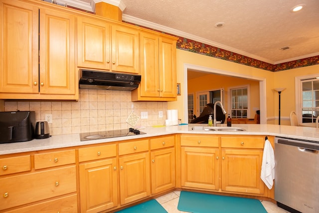 kitchen featuring ornamental molding, a textured ceiling, sink, electric cooktop, and dishwasher