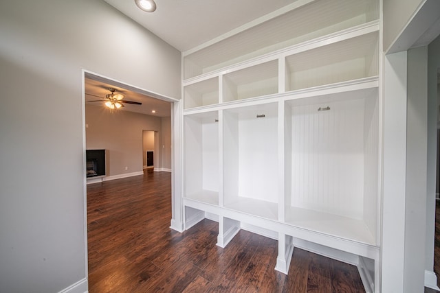 2027 Preston Dr, Columbus, GA 31906 - mudroom with wood finished floors, a ceiling fan, baseboards, a fireplace, and recessed lighting
