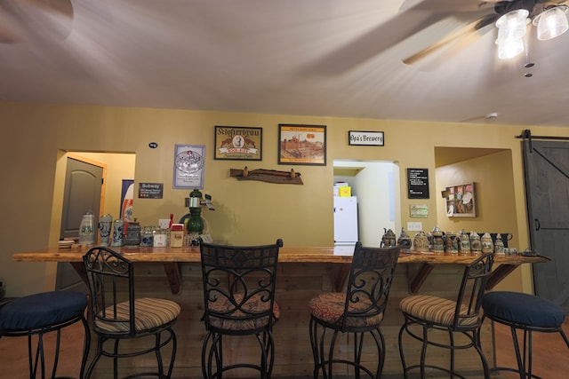 bar with a ceiling fan, a barn door, and a dry bar